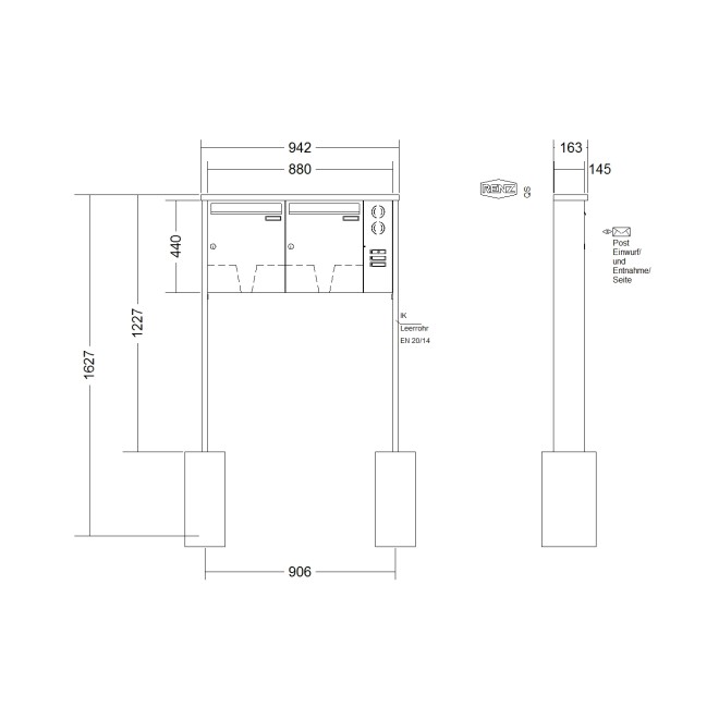 Briefkastenanlage freistehend Renz Tetro 1-6 fach, Sprech - Klingel: mit Sprech Klingel, Montageart: zum Einbetonieren, Kastengröße: 370 x 440 x 145mm ( 23 Liter ), Teilnehmer: 2 Teilnehmer, Anlagenfarbe: Edelstahl V4A