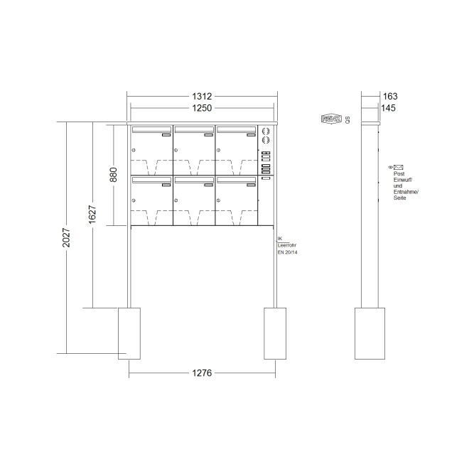 Briefkastenanlage freistehend Renz Tetro 1-6 fach, Sprech - Klingel: mit Sprech Klingel, Montageart: zum Einbetonieren, Kastengröße: 370 x 440 x 145mm ( 23 Liter ), Teilnehmer: 6 Teilnehmer, Anlagenfarbe: Edelstahl V4A