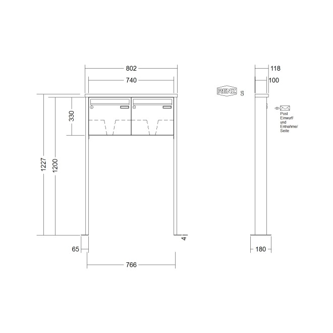 Briefkastenanlage freistehend Renz Tetro 1-6 fach, Sprech - Klingel: ohne Sprech - Klingel, Montageart: zum Aufschrauben, Kastengröße: 370 x 330 x 100mm ( 12 Liter ), Teilnehmer: 2 Teilnehmer, Anlagenfarbe: Standard Farben