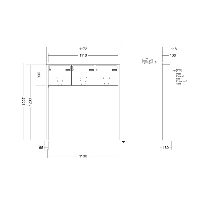 Briefkastenanlage freistehend Renz Tetro 1-6 fach, Sprech - Klingel: ohne Sprech - Klingel, Montageart: zum Aufschrauben, Kastengröße: 370 x 330 x 100mm ( 12 Liter ), Teilnehmer: 3 Teilnehmer, Anlagenfarbe: Edelstahl V4A
