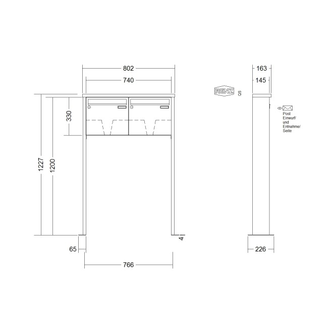 Briefkastenanlage freistehend Renz Tetro 1-6 fach, Sprech - Klingel: ohne Sprech - Klingel, Montageart: zum Aufschrauben, Kastengröße: 370 x 330 x 145mm ( 17 Liter ), Teilnehmer: 2 Teilnehmer, Anlagenfarbe: Edelstahl V4A