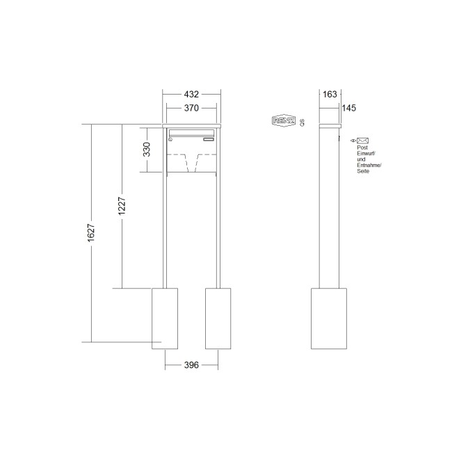 Briefkastenanlage freistehend Renz Tetro 1-6 fach, Sprech - Klingel: ohne Sprech - Klingel, Montageart: zum Einbetonieren, Kastengröße: 370 x 330 x 145mm ( 17 Liter ), Teilnehmer: 1 Teilnehmer, Anlagenfarbe: Edelstahl V4A
