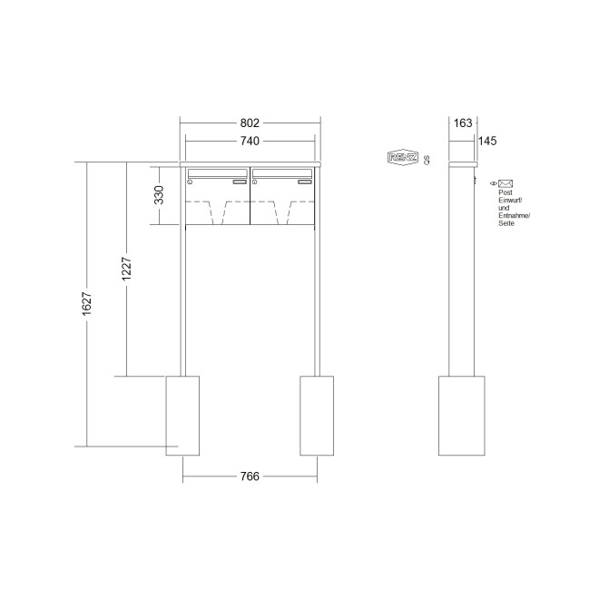 Briefkastenanlage freistehend Renz Tetro 1-6 fach, Sprech - Klingel: ohne Sprech - Klingel, Montageart: zum Einbetonieren, Kastengröße: 370 x 330 x 145mm ( 17 Liter ), Teilnehmer: 2 Teilnehmer, Anlagenfarbe: Edelstahl V4A