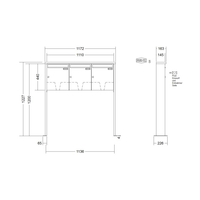 Briefkastenanlage freistehend Renz Tetro 1-6 fach, Sprech - Klingel: ohne Sprech - Klingel, Montageart: zum Aufschrauben, Kastengröße: 370 x 440 x 145mm ( 23 Liter ), Teilnehmer: 3 Teilnehmer, Anlagenfarbe: Edelstahl V4A