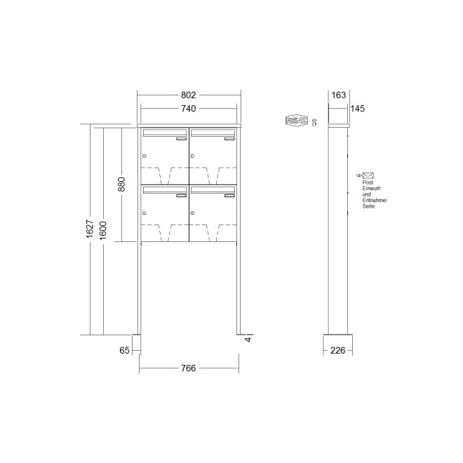 Briefkastenanlage freistehend Renz Tetro 1-6 fach, Sprech - Klingel: ohne Sprech - Klingel, Montageart: zum Aufschrauben, Kastengröße: 370 x 440 x 145mm ( 23 Liter ), Teilnehmer: 4 Teilnehmer, Anlagenfarbe: Edelstahl V4A
