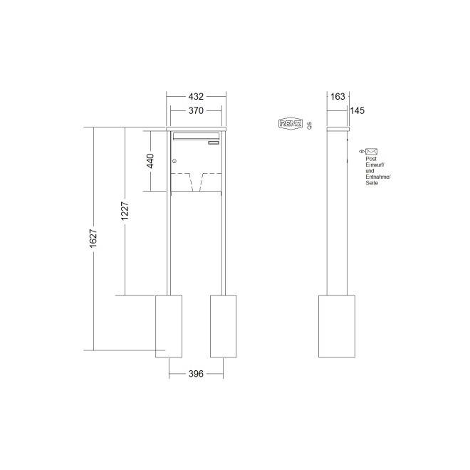 Briefkastenanlage freistehend Renz Tetro 1-6 fach, Sprech - Klingel: ohne Sprech - Klingel, Montageart: zum Einbetonieren, Kastengröße: 370 x 440 x 145mm ( 23 Liter ), Teilnehmer: 1 Teilnehmer, Anlagenfarbe: Edelstahl V4A