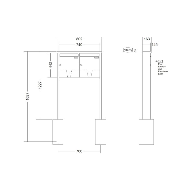 Briefkastenanlage freistehend Renz Tetro 1-6 fach, Sprech - Klingel: ohne Sprech - Klingel, Montageart: zum Einbetonieren, Kastengröße: 370 x 440 x 145mm ( 23 Liter ), Teilnehmer: 2 Teilnehmer, Anlagenfarbe: Edelstahl V4A