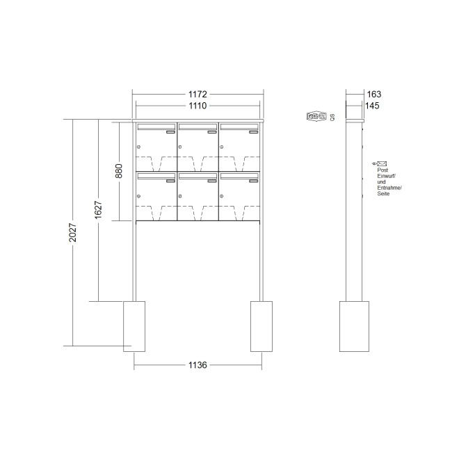 Briefkastenanlage freistehend Renz Tetro 1-6 fach, Sprech - Klingel: ohne Sprech - Klingel, Montageart: zum Einbetonieren, Kastengröße: 370 x 440 x 145mm ( 23 Liter ), Teilnehmer: 6 Teilnehmer, Anlagenfarbe: Edelstahl V4A