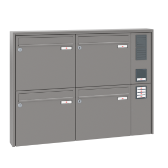 Briefkastenanlage Aufputz Renz Quadra 1-6 fach, Sprech - Klingel: mit Sprech Klingel, Kastengröße: 370 x 330 x 100mm ( 12 Liter ), Teilnehmer: 4 Teilnehmer, Anlagenfarbe: Standard Farben