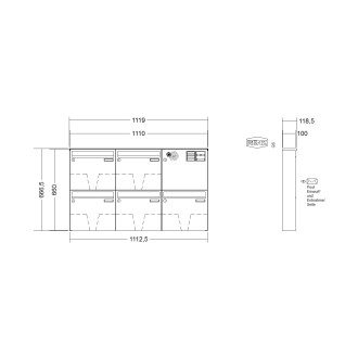 Briefkastenanlage Aufputz Renz Basic 1-6 fach, Sprech - Klingel: mit Sprech Klingel, Kastengröße: 370 x 330 x 100mm ( 12 Liter ), Teilnehmer: 5 Teilnehmer, Anlagenfarbe: Standard Farben