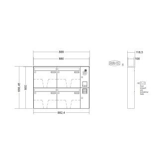 Briefkastenanlage Aufputz Renz Basic 1-6 fach, Sprech - Klingel: mit Sprech Klingel, Kastengröße: 370 x 330 x 100mm ( 12 Liter ), Teilnehmer: 4 Teilnehmer, Anlagenfarbe: Edelstahl V4A