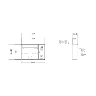 Briefkastenanlage Aufputz Renz Basic 1-6 fach, Sprech - Klingel: mit Sprech Klingel, Kastengröße: 370 x 330 x 100mm ( 12 Liter ), Teilnehmer: 1 Teilnehmer, Anlagenfarbe: Edelstahl V4A