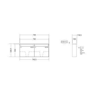 Briefkastenanlage Aufputz Renz Basic 1-6 fach, Sprech - Klingel: ohne Sprech - Klingel, Kastengröße: 370 x 330 x 100mm ( 12 Liter ), Teilnehmer: 2 Teilnehmer, Anlagenfarbe: Standard Farben