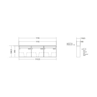 Briefkastenanlage Aufputz Renz Basic 1-6 fach, Sprech - Klingel: ohne Sprech - Klingel, Kastengröße: 370 x 330 x 100mm ( 12 Liter ), Teilnehmer: 3 Teilnehmer, Anlagenfarbe: Standard Farben