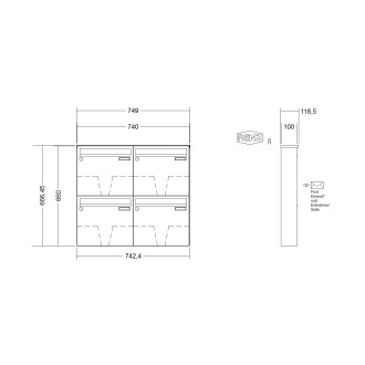 Briefkastenanlage Aufputz Renz Basic 1-6 fach, Sprech - Klingel: ohne Sprech - Klingel, Kastengröße: 370 x 330 x 100mm ( 12 Liter ), Teilnehmer: 4 Teilnehmer, Anlagenfarbe: Edelstahl V4A