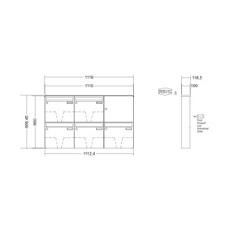 Briefkastenanlage Aufputz Renz Basic 1-6 fach, Sprech - Klingel: ohne Sprech - Klingel, Kastengröße: 370 x 330 x 100mm ( 12 Liter ), Teilnehmer: 5 Teilnehmer, Anlagenfarbe: Edelstahl V4A