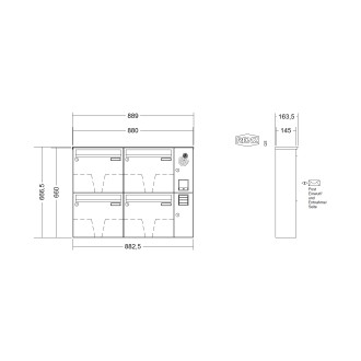Briefkastenanlage Aufputz Renz Basic 1-6 fach, Sprech - Klingel: mit Sprech Klingel, Kastengröße: 370 x 330 x 145mm ( 17 Liter ), Teilnehmer: 4 Teilnehmer, Anlagenfarbe: Standard Farben
