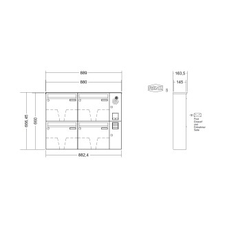 Briefkastenanlage Aufputz Renz Basic 1-6 fach, Sprech - Klingel: mit Sprech Klingel, Kastengröße: 370 x 330 x 145mm ( 17 Liter ), Teilnehmer: 4 Teilnehmer, Anlagenfarbe: Edelstahl V4A