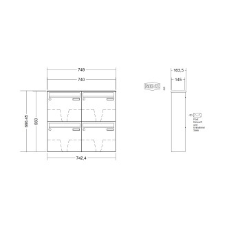 Briefkastenanlage Aufputz Renz Basic 1-6 fach, Sprech - Klingel: ohne Sprech - Klingel, Kastengröße: 370 x 330 x 145mm ( 17 Liter ), Teilnehmer: 4 Teilnehmer, Anlagenfarbe: Edelstahl V4A