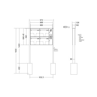 Briefkastenanlage freistehend Renz Basic 1-6 fach, Sprech - Klingel: mit Sprech Klingel, Montageart: zum Einbetonieren, Kastengröße: 370 x 330 x 100mm ( 12 Liter ), Teilnehmer: 4 Teilnehmer, Anlagenfarbe: Edelstahl V4A