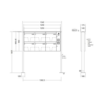 Briefkastenanlage freistehend Renz Basic 1-6 fach, Sprech - Klingel: mit Sprech Klingel, Montageart: zum Aufschrauben, Kastengröße: 370 x 330 x 145mm ( 17 Liter ), Teilnehmer: 6 Teilnehmer, Anlagenfarbe: Edelstahl V4A