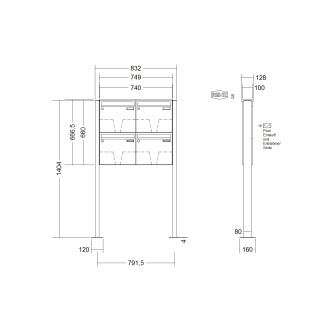 Briefkastenanlage freistehend Renz Basic 1-6 fach, Sprech - Klingel: ohne Sprech - Klingel, Montageart: zum Aufschrauben, Kastengröße: 370 x 330 x 100mm ( 12 Liter ), Teilnehmer: 4 Teilnehmer, Anlagenfarbe: Standard Farben