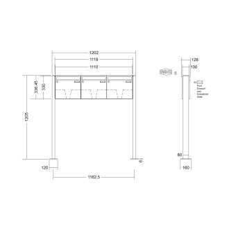 Briefkastenanlage freistehend Renz Basic 1-6 fach, Sprech - Klingel: ohne Sprech - Klingel, Montageart: zum Aufschrauben, Kastengröße: 370 x 330 x 100mm ( 12 Liter ), Teilnehmer: 3 Teilnehmer, Anlagenfarbe: Edelstahl V4A