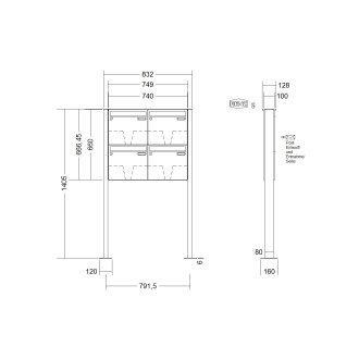 Briefkastenanlage freistehend Renz Basic 1-6 fach, Sprech - Klingel: ohne Sprech - Klingel, Montageart: zum Aufschrauben, Kastengröße: 370 x 330 x 100mm ( 12 Liter ), Teilnehmer: 4 Teilnehmer, Anlagenfarbe: Edelstahl V4A