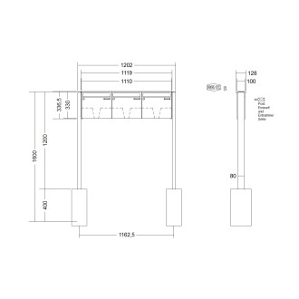 Briefkastenanlage freistehend Renz Basic 1-6 fach, Sprech - Klingel: ohne Sprech - Klingel, Montageart: zum Einbetonieren, Kastengröße: 370 x 330 x 100mm ( 12 Liter ), Teilnehmer: 3 Teilnehmer, Anlagenfarbe: Standard Farben