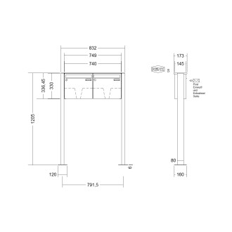 Briefkastenanlage freistehend Renz Basic 1-6 fach, Sprech - Klingel: ohne Sprech - Klingel, Montageart: zum Aufschrauben, Kastengröße: 370 x 330 x 145mm ( 17 Liter ), Teilnehmer: 2 Teilnehmer, Anlagenfarbe: Edelstahl V4A