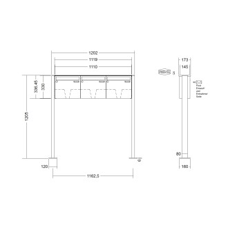 Briefkastenanlage freistehend Renz Basic 1-6 fach, Sprech - Klingel: ohne Sprech - Klingel, Montageart: zum Aufschrauben, Kastengröße: 370 x 330 x 145mm ( 17 Liter ), Teilnehmer: 3 Teilnehmer, Anlagenfarbe: Edelstahl V4A