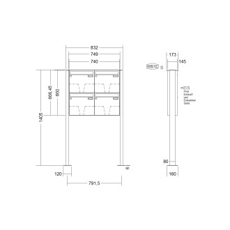 Briefkastenanlage freistehend Renz Basic 1-6 fach, Sprech - Klingel: ohne Sprech - Klingel, Montageart: zum Aufschrauben, Kastengröße: 370 x 330 x 145mm ( 17 Liter ), Teilnehmer: 4 Teilnehmer, Anlagenfarbe: Edelstahl V4A