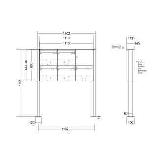 Briefkastenanlage freistehend Renz Basic 1-6 fach, Sprech - Klingel: ohne Sprech - Klingel, Montageart: zum Aufschrauben, Kastengröße: 370 x 330 x 145mm ( 17 Liter ), Teilnehmer: 5 Teilnehmer, Anlagenfarbe: Edelstahl V4A