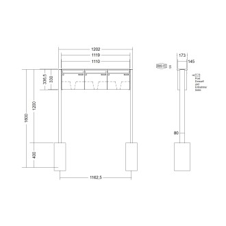 Briefkastenanlage freistehend Renz Basic 1-6 fach, Sprech - Klingel: ohne Sprech - Klingel, Montageart: zum Einbetonieren, Kastengröße: 370 x 330 x 145mm ( 17 Liter ), Teilnehmer: 3 Teilnehmer, Anlagenfarbe: Standard Farben
