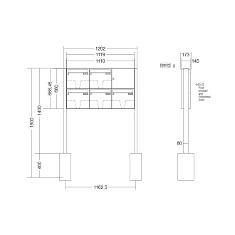 Briefkastenanlage freistehend Renz Basic 1-6 fach, Sprech - Klingel: ohne Sprech - Klingel, Montageart: zum Einbetonieren, Kastengröße: 370 x 330 x 145mm ( 17 Liter ), Teilnehmer: 5 Teilnehmer, Anlagenfarbe: Edelstahl V4A