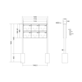 Briefkastenanlage freistehend Renz Basic 1-6 fach, Sprech - Klingel: ohne Sprech - Klingel, Montageart: zum Einbetonieren, Kastengröße: 370 x 330 x 145mm ( 17 Liter ), Teilnehmer: 6 Teilnehmer, Anlagenfarbe: Edelstahl V4A