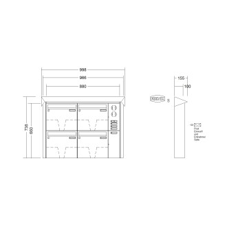 Briefkastenanlage Aufputz Renz Prisma 1-6 fach, Sprech - Klingel: mit Sprech Klingel, Kastengröße: 370 x 330 x 100mm ( 12 Liter ), Teilnehmer: 4 Teilnehmer, Anlagenfarbe: Edelstahl V4A