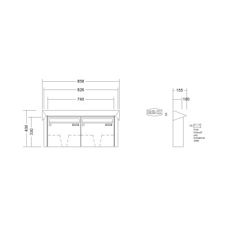Briefkastenanlage Aufputz Renz Prisma 1-6 fach, Sprech - Klingel: ohne Sprech - Klingel, Kastengröße: 370 x 330 x 100mm ( 12 Liter ), Teilnehmer: 2 Teilnehmer, Anlagenfarbe: Edelstahl V4A