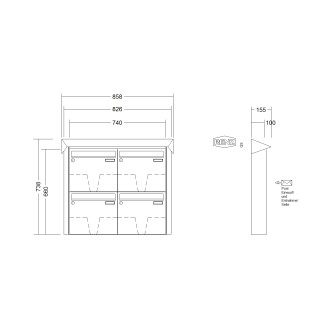 Briefkastenanlage Aufputz Renz Prisma 1-6 fach, Sprech - Klingel: ohne Sprech - Klingel, Kastengröße: 370 x 330 x 100mm ( 12 Liter ), Teilnehmer: 4 Teilnehmer, Anlagenfarbe: Edelstahl V4A