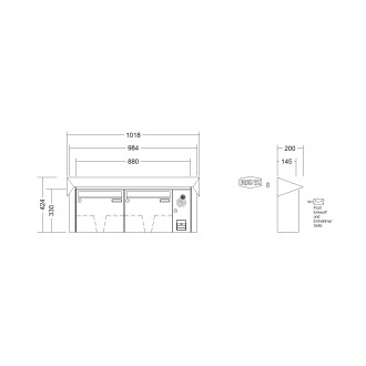 Briefkastenanlage Aufputz Renz Prisma 1-6 fach, Sprech - Klingel: mit Sprech Klingel, Kastengröße: 370 x 330 x 145mm ( 17 Liter ), Teilnehmer: 2 Teilnehmer, Anlagenfarbe: Standard Farben