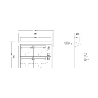 Briefkastenanlage Aufputz Renz Prisma 1-6 fach, Sprech - Klingel: mit Sprech Klingel, Kastengröße: 370 x 330 x 145mm ( 17 Liter ), Teilnehmer: 4 Teilnehmer, Anlagenfarbe: Standard Farben