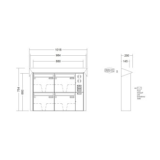 Briefkastenanlage Aufputz Renz Prisma 1-6 fach, Sprech - Klingel: mit Sprech Klingel, Kastengröße: 370 x 330 x 145mm ( 17 Liter ), Teilnehmer: 4 Teilnehmer, Anlagenfarbe: Edelstahl V4A