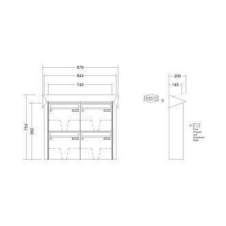 Briefkastenanlage Aufputz Renz Prisma 1-6 fach, Sprech - Klingel: ohne Sprech - Klingel, Kastengröße: 370 x 330 x 145mm ( 17 Liter ), Teilnehmer: 4 Teilnehmer, Anlagenfarbe: Standard Farben