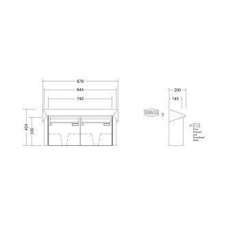Briefkastenanlage Aufputz Renz Prisma 1-6 fach, Sprech - Klingel: ohne Sprech - Klingel, Kastengröße: 370 x 330 x 145mm ( 17 Liter ), Teilnehmer: 2 Teilnehmer, Anlagenfarbe: Edelstahl V4A