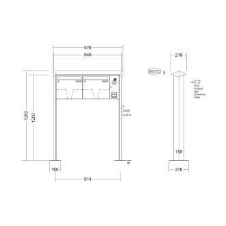 Briefkastenanlage freistehend Renz Prisma 1-6 fach, Sprech - Klingel: mit Sprech Klingel, Montageart: zum Aufschrauben, Kastengröße: 370 x 330 x 100mm ( 12 Liter ), Teilnehmer: 2 Teilnehmer, Anlagenfarbe: Standard Farben