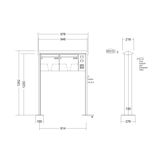 Briefkastenanlage freistehend Renz Prisma 1-6 fach, Sprech - Klingel: mit Sprech Klingel, Montageart: zum Aufschrauben, Kastengröße: 370 x 330 x 100mm ( 12 Liter ), Teilnehmer: 2 Teilnehmer, Anlagenfarbe: Edelstahl V4A