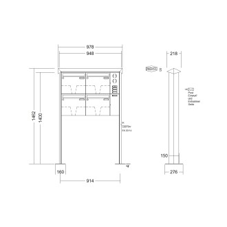 Briefkastenanlage freistehend Renz Prisma 1-6 fach, Sprech - Klingel: mit Sprech Klingel, Montageart: zum Aufschrauben, Kastengröße: 370 x 330 x 100mm ( 12 Liter ), Teilnehmer: 4 Teilnehmer, Anlagenfarbe: Edelstahl V4A