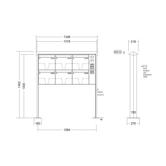 Briefkastenanlage freistehend Renz Prisma 1-6 fach, Sprech - Klingel: mit Sprech Klingel, Montageart: zum Aufschrauben, Kastengröße: 370 x 330 x 100mm ( 12 Liter ), Teilnehmer: 6 Teilnehmer, Anlagenfarbe: Edelstahl V4A