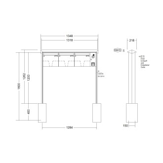 Briefkastenanlage freistehend Renz Prisma 1-6 fach, Sprech - Klingel: mit Sprech Klingel, Montageart: zum Einbetonieren, Kastengröße: 370 x 330 x 100mm ( 12 Liter ), Teilnehmer: 3 Teilnehmer, Anlagenfarbe: Standard Farben