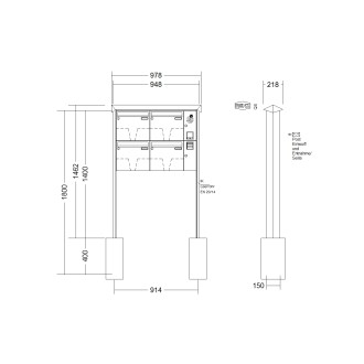 Briefkastenanlage freistehend Renz Prisma 1-6 fach, Sprech - Klingel: mit Sprech Klingel, Montageart: zum Einbetonieren, Kastengröße: 370 x 330 x 100mm ( 12 Liter ), Teilnehmer: 4 Teilnehmer, Anlagenfarbe: Standard Farben